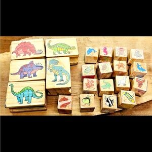 Dinosaur Ocean Fish Duck Wooden Rubber Stamps 21pc Lot Pre-Owned Melissa & Doug